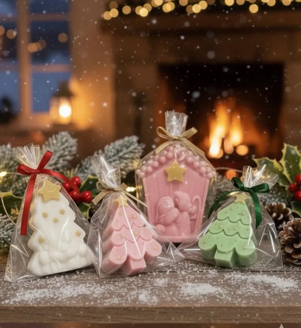 Colección de velas navideñas: arbolitos blanco, rosado y verde y un pesebre rosado en empaques individuales