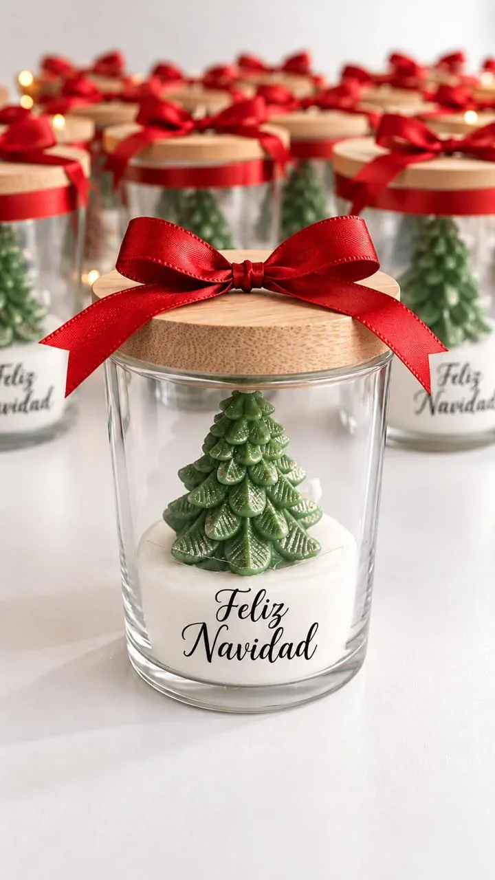 Arbolito verde sobre una base de cera blanca en frasco de vidrio, con tapa de madera y lazo rojo.